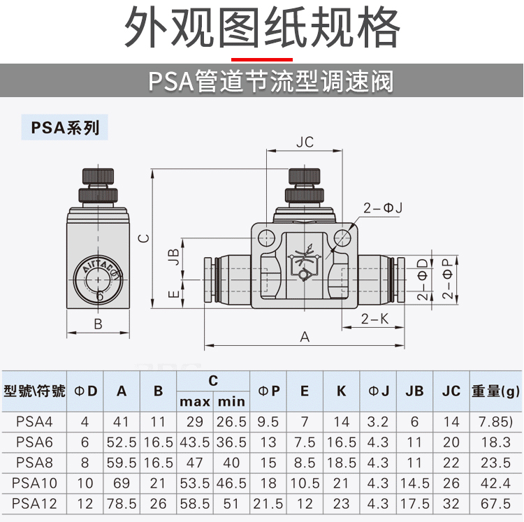 亚德客气动psa8管道单向节流阀流量接头气缸调速阀气动调节阀限流