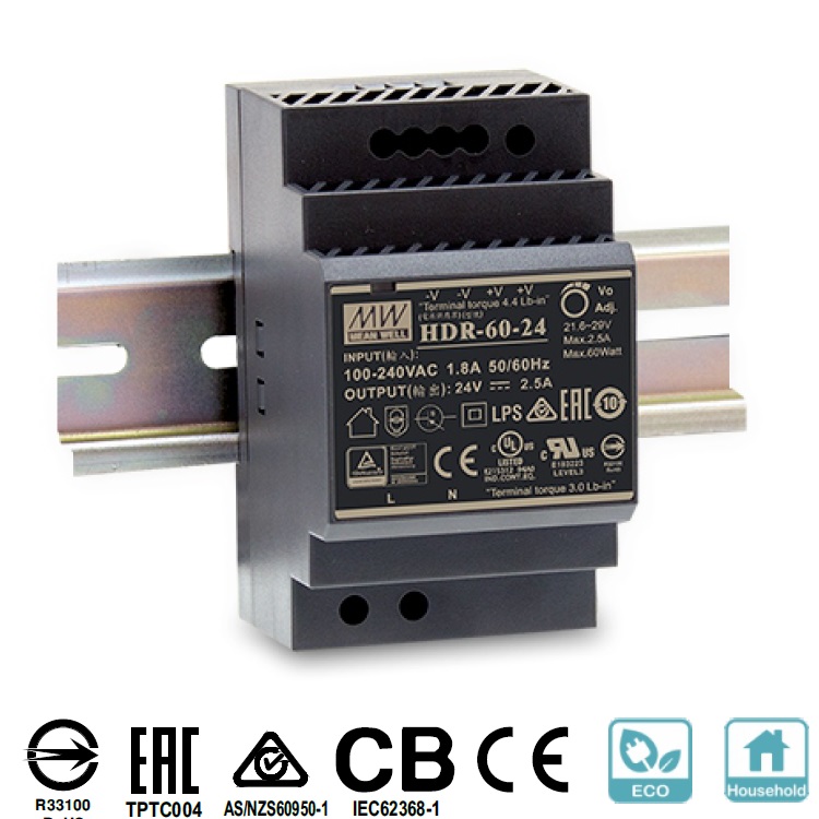 MW明纬开关电源HDR-60导轨式220V转24V