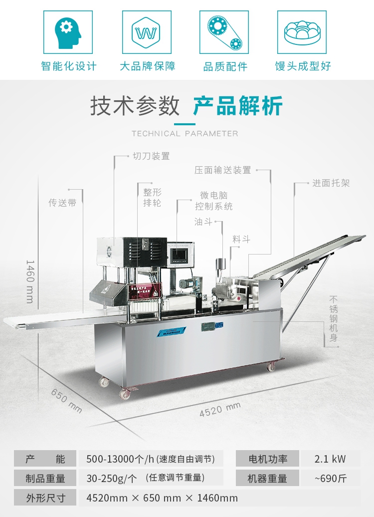 Large full-automatic square Mantou machine, full set of multi-functional Mantou shop, commercial intelligent touch screen control equipment, video