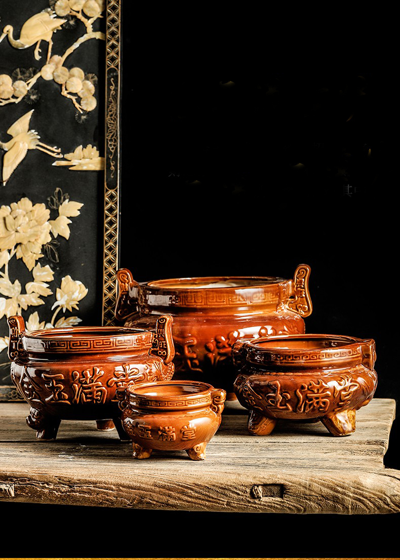 家用陶瓷三足香炉室内香薰碗户外小香炉香插古铜色双耳三脚大香炉