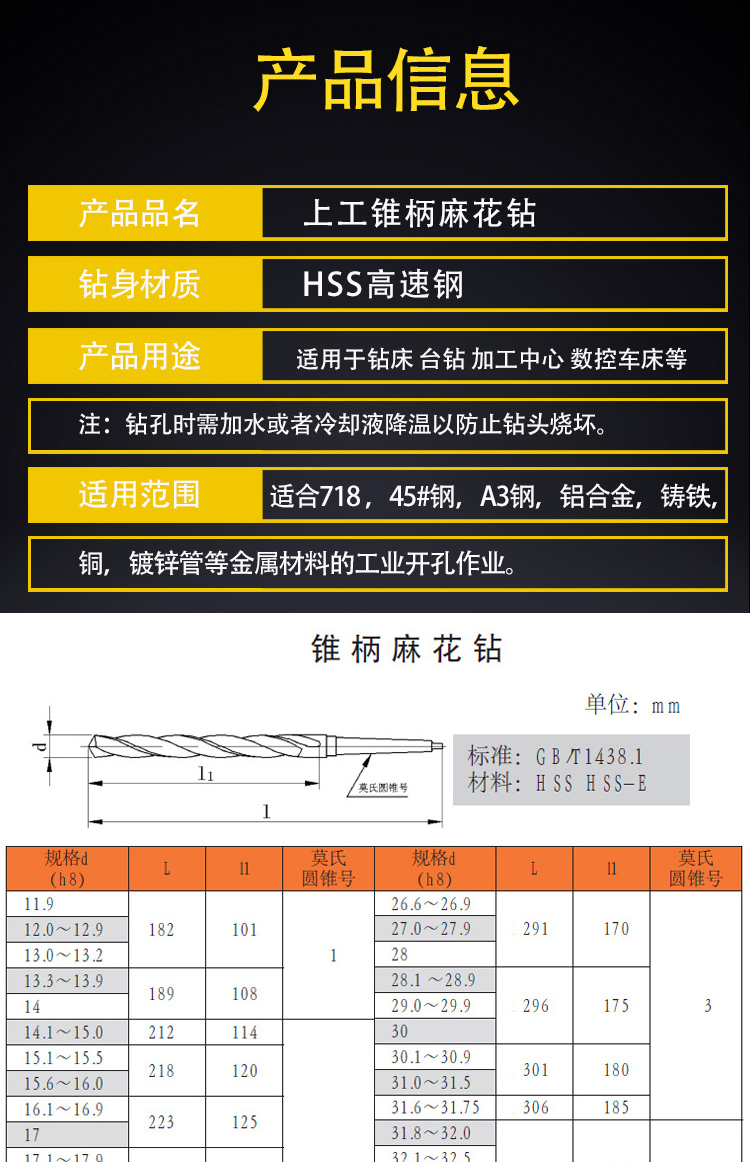 上工锥柄麻花钻hss高速钢钻头莫氏钻头钻床磁力钻上工锥钻12