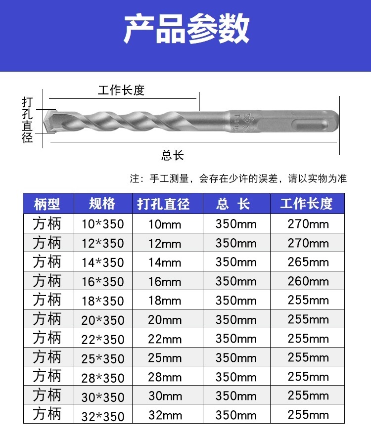 方大王350mm加长电锤两坑槽四坑方柄穿墙水泥混凝土建工钻头电钻