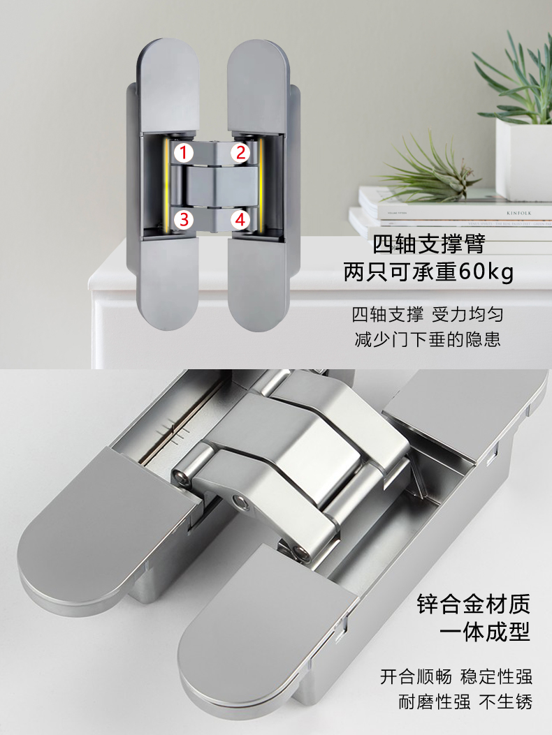 隐形门合页折叠180度静音暗藏木门内外开三维可调暗装门十字铰链