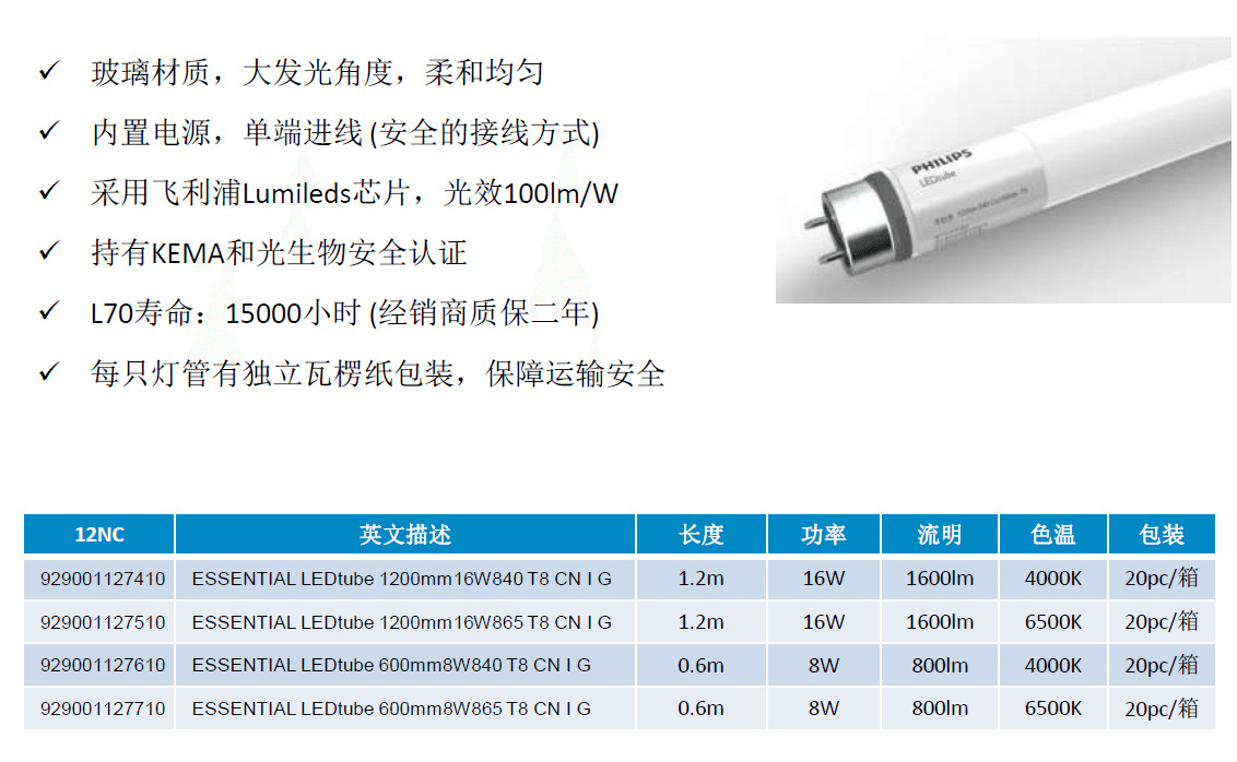 Philips LED fluorescent tube 16W/8W single and double ended power supply 0.6M/1.2m T8 white light 220V