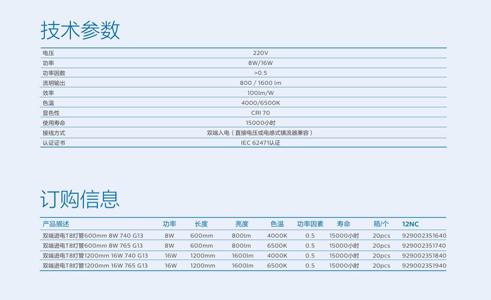 Philips LED fluorescent tube 16W/8W single and double ended power supply 0.6M/1.2m T8 white light 220V