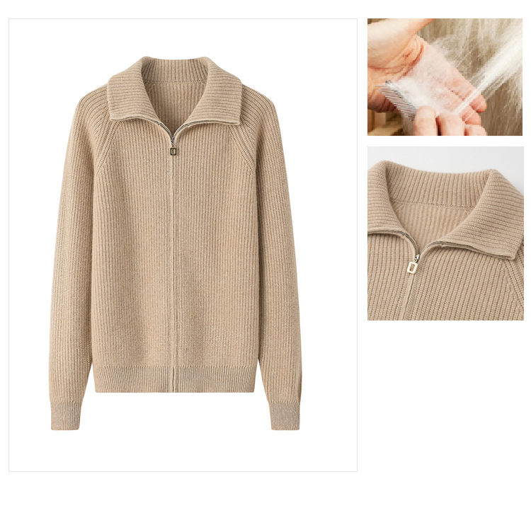 Autumn and Winter Women's 100 Pure Cashmere Polo Collar Thickened Knitted Zipper Cardigan Large Coat Sweater Long Sleeve Loose Fit