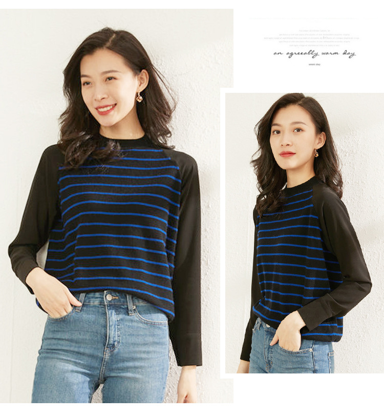 Dongxiao New Winter Stripe Pullover Spliced Knitted Solid Color Cashmere Shirt Women's 100 Pure Cashmere