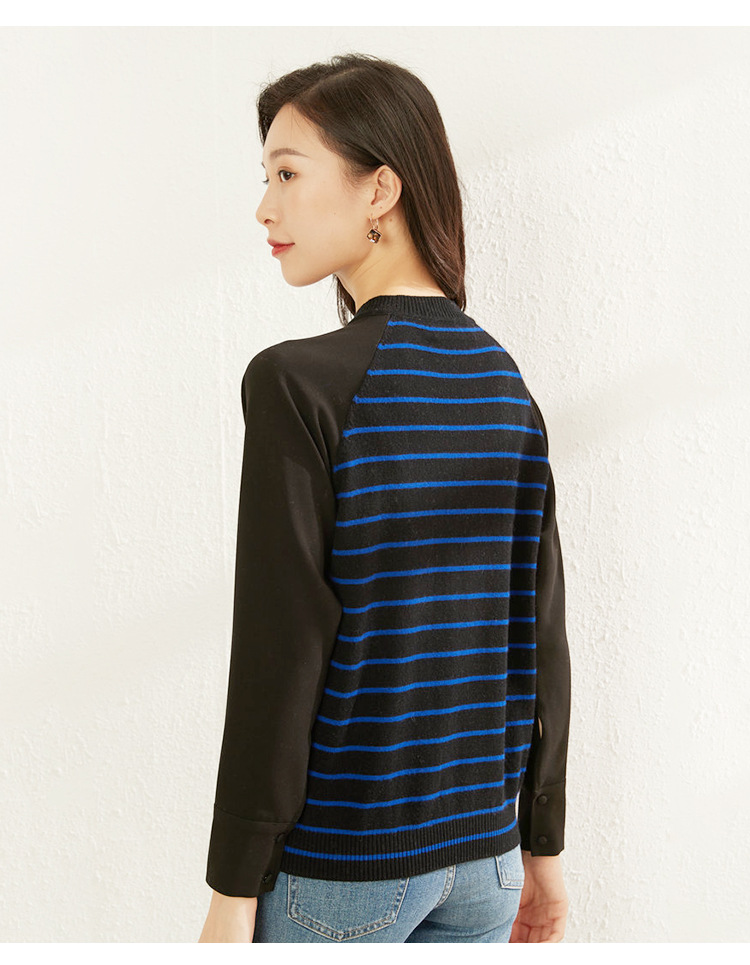 Dongxiao New Winter Stripe Pullover Spliced Knitted Solid Color Cashmere Shirt Women's 100 Pure Cashmere