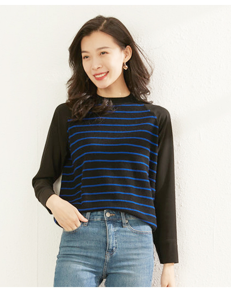 Dongxiao New Winter Stripe Pullover Spliced Knitted Solid Color Cashmere Shirt Women's 100 Pure Cashmere