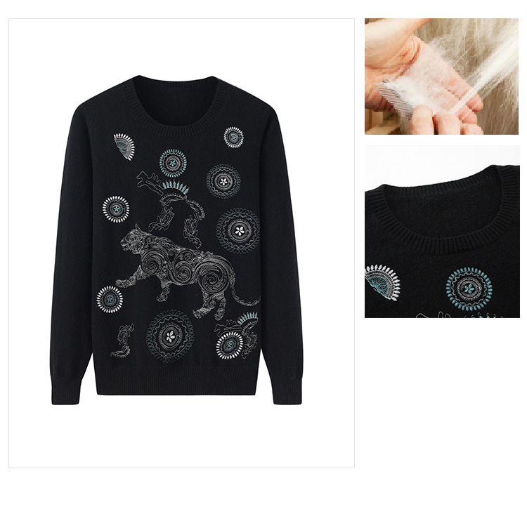 Pure Goat Cashmere Sweater Women's Round Neck Pullover Embroidered Woolen Sweater Slim Fit Versatile Underlay Sweater New Year of the Tiger Zodiac