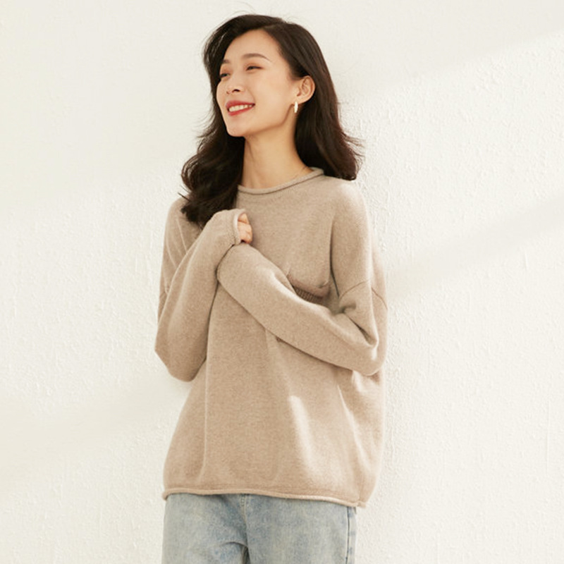 羊绒衫女100纯羊绒圆领拼接加厚长袖套头针织打底衫宽松山羊毛衣