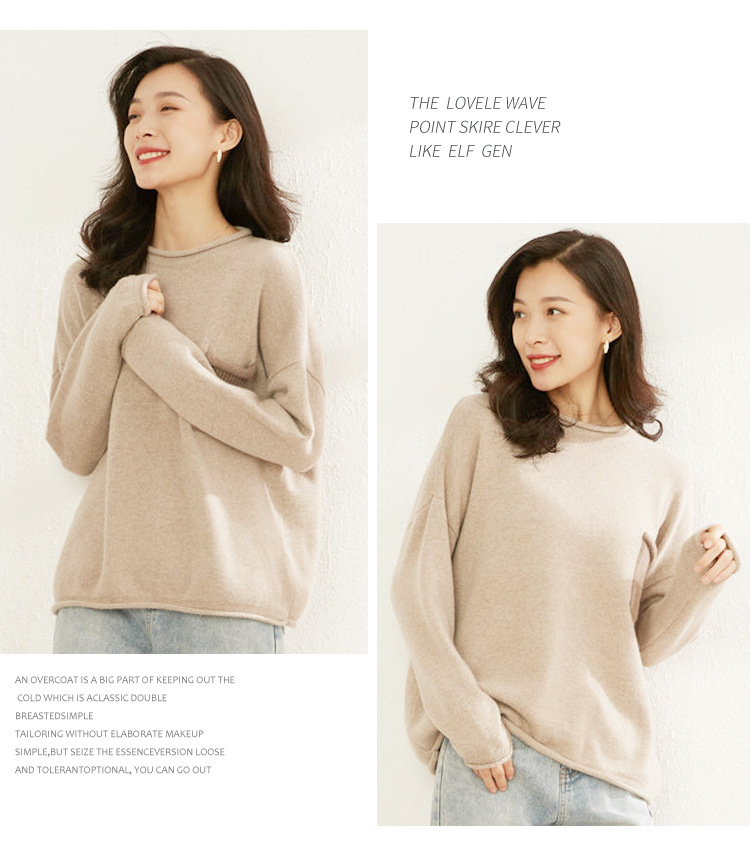 Cashmere sweater Women's 100 pure cashmere round neck patchwork thickened long sleeved pullover knit bottom loose goat sweater