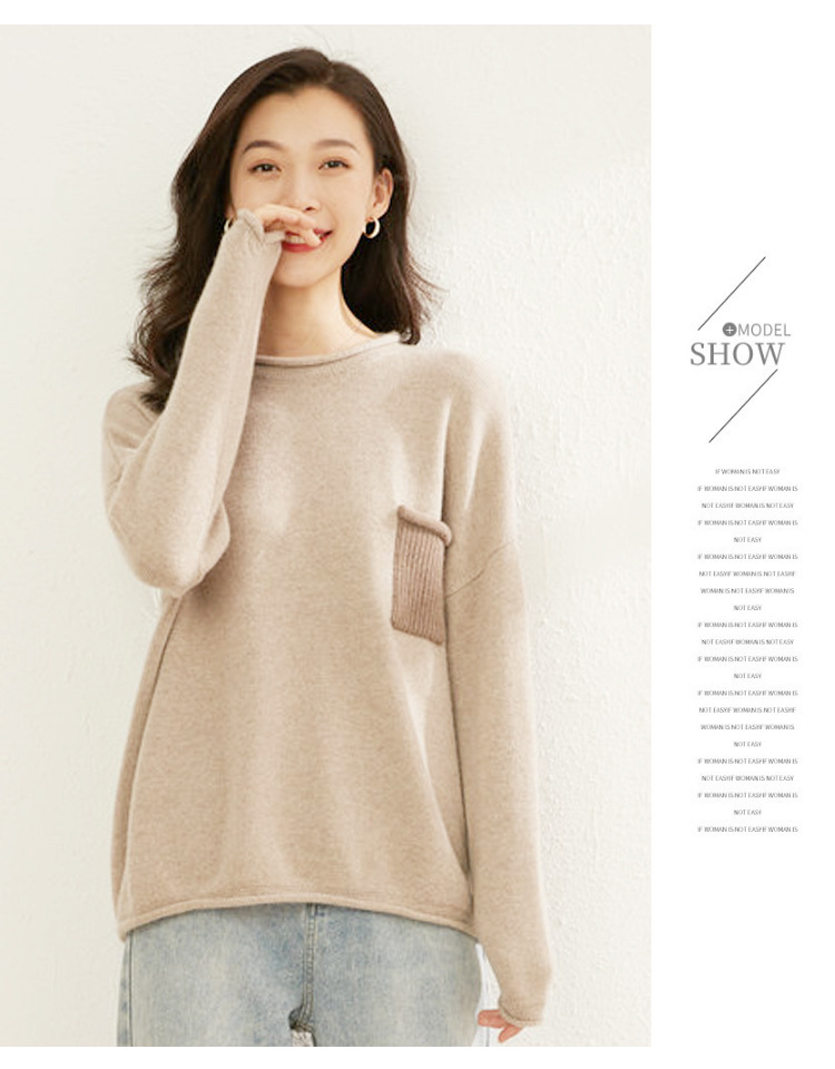 Cashmere sweater Women's 100 pure cashmere round neck patchwork thickened long sleeved pullover knit bottom loose goat sweater