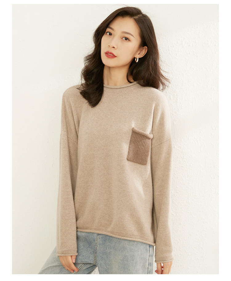 Cashmere sweater Women's 100 pure cashmere round neck patchwork thickened long sleeved pullover knit bottom loose goat sweater