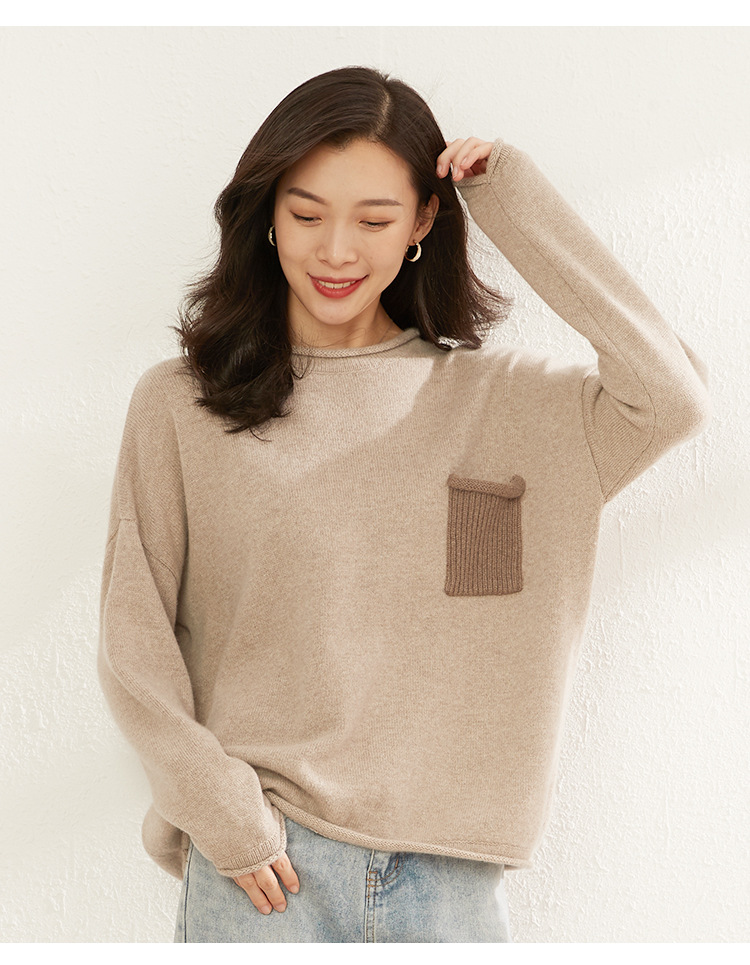 Cashmere sweater Women's 100 pure cashmere round neck patchwork thickened long sleeved pullover knit bottom loose goat sweater