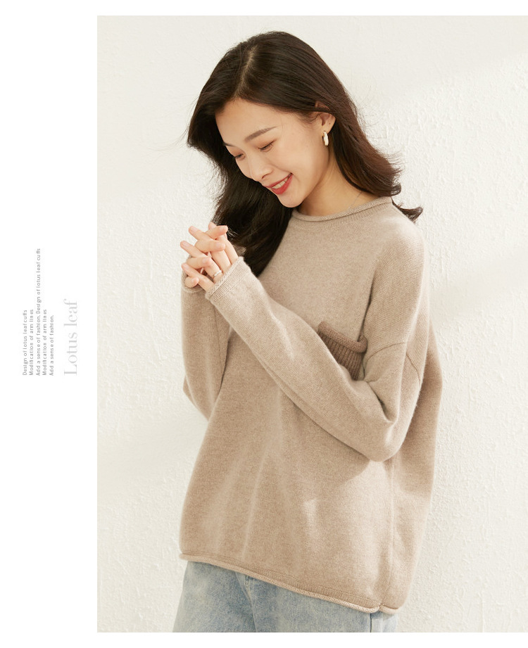 Cashmere sweater Women's 100 pure cashmere round neck patchwork thickened long sleeved pullover knit bottom loose goat sweater