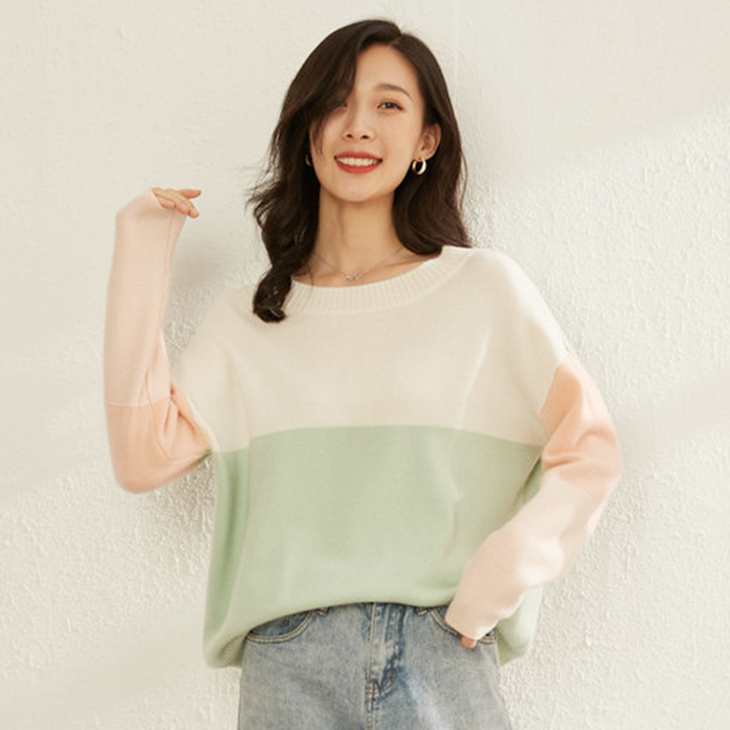 冬季新款宽松韩版圆领打底衫女 秋冬毛衣羊绒衫女100纯羊绒拼色