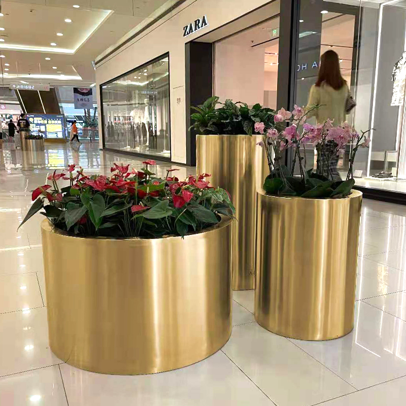 酒店大堂不锈钢花箱组合购物中心金色圆形花钵外摆金属花盆