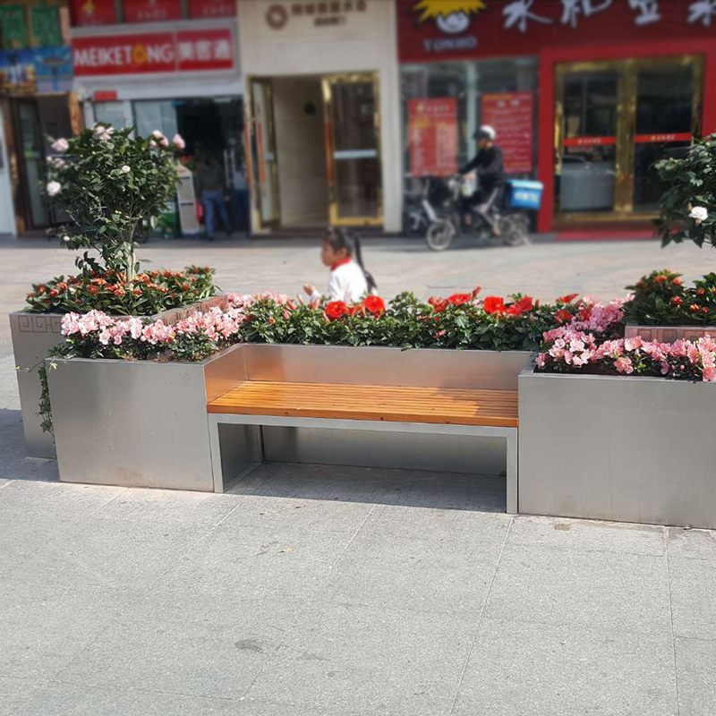步行街户外不锈钢景观花箱长凳组合市政绿化仿木花池座椅定制