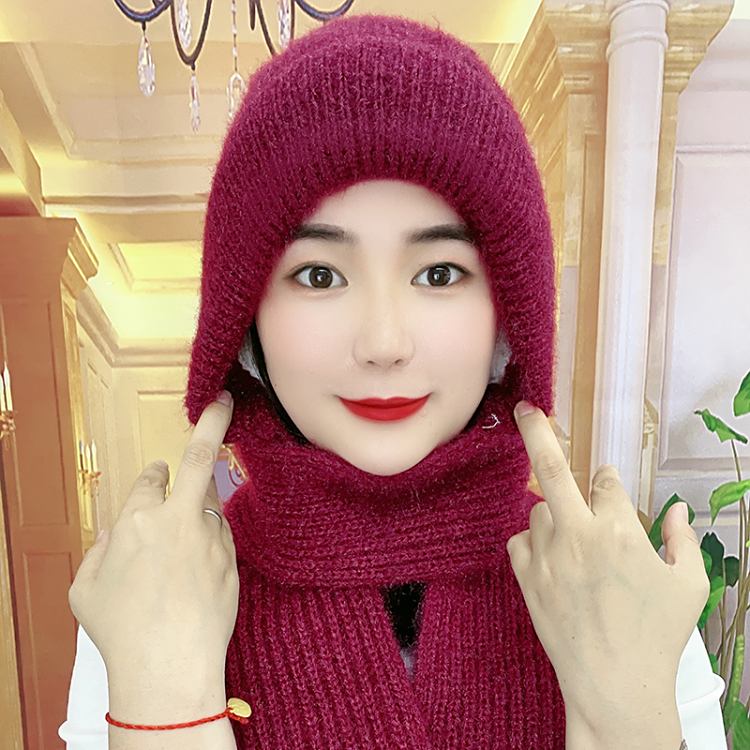 秋冬季新款加绒加厚女士保暖帽子围巾一体松鼠绒连体帽风雪帽