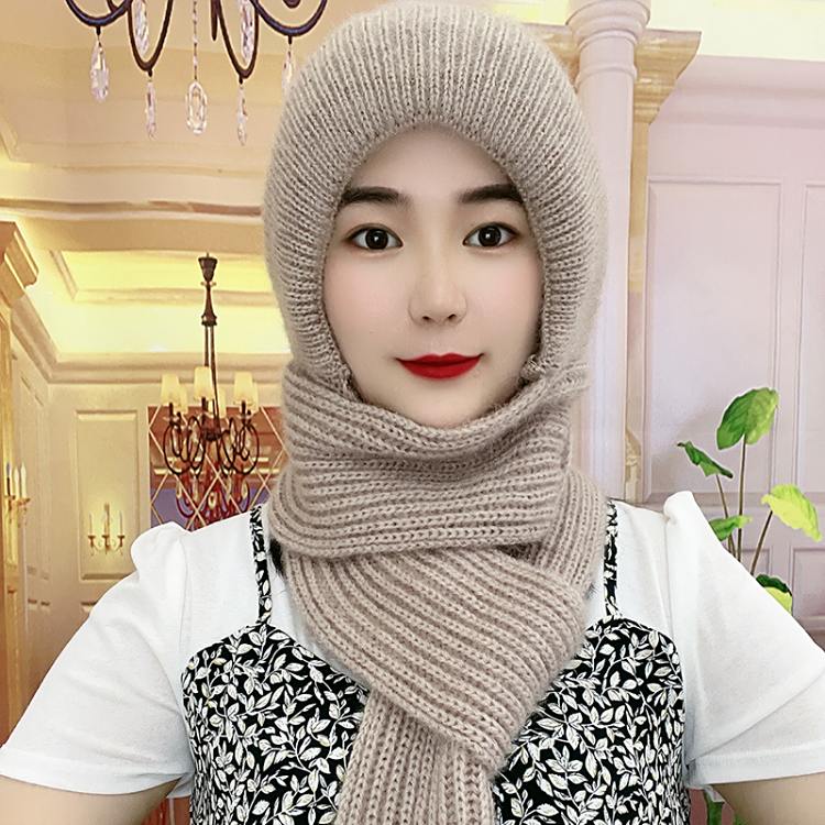 秋冬季新款加绒加厚女士保暖帽子围巾一体松鼠绒连体帽风雪帽