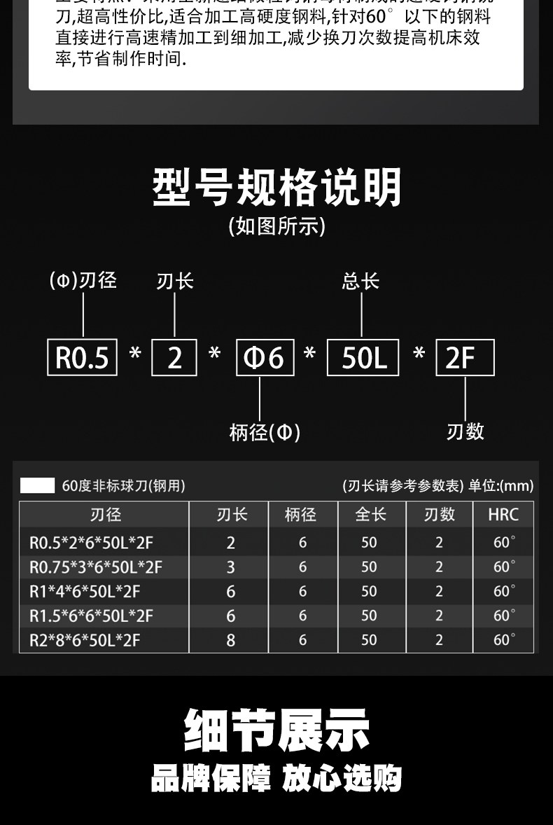 Layout 75 R1 R2 R0.5 R0.75 R1 R1.5 R2 R2.5柄6球头铣刀60度2刃钢用合金球刀 产品关键词:(钢用)2刃球刀;球头铣刀R2;r075球 ...