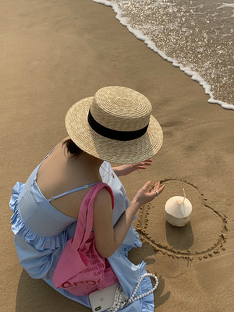 粥可可 平顶草帽女夏海边出游拍照防晒遮阳帽草编太阳帽沙滩帽子