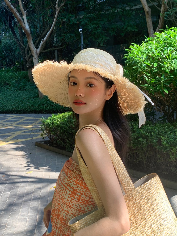 粥可可 平顶草帽女夏海边出游拍照防晒遮阳帽草编太阳帽沙滩帽子