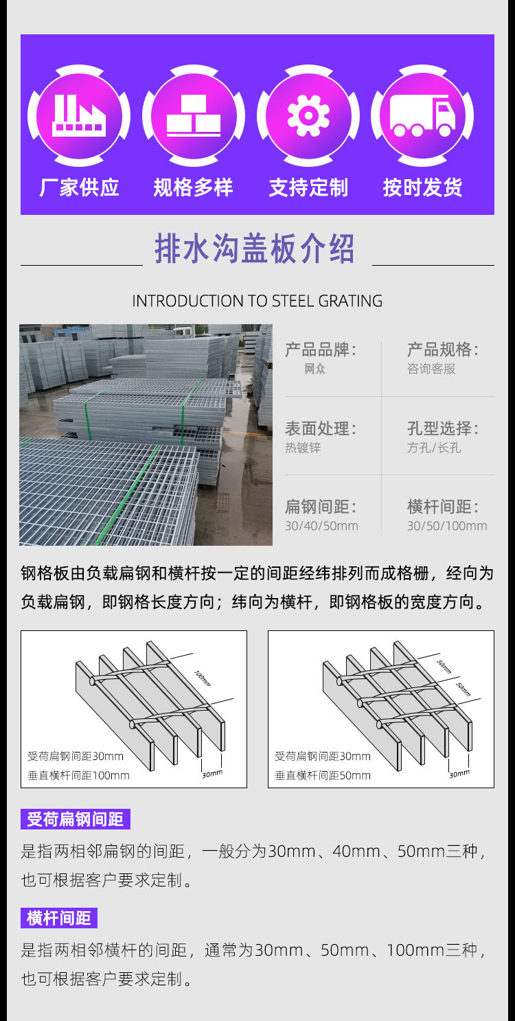 Cross cutting ditch rainwater grate High strength square water grate Price grid Steel grating factory