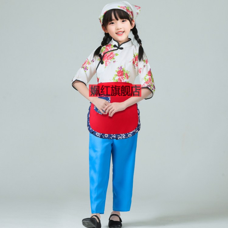 儿童女孩村姑农民碎花衣服幼儿园亲子采茶戏舞蹈阿庆嫂表演出套装