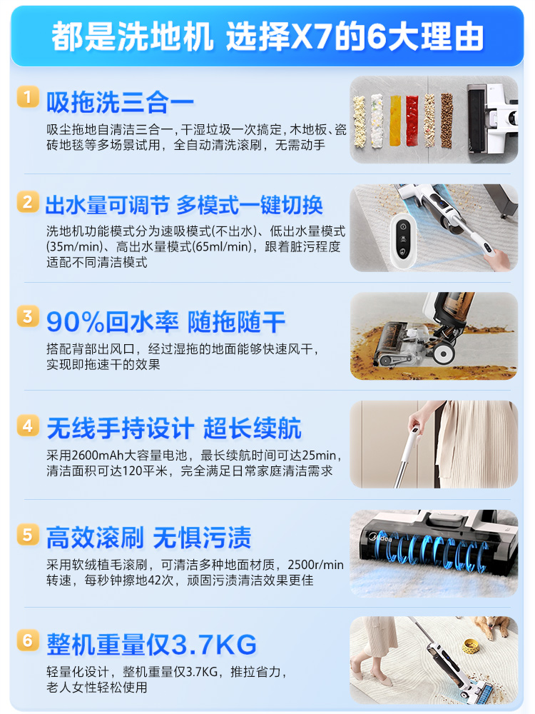 美的洗地机无尘感X7升级款吸拖一体机吸尘器吸尘扫地拖把三合一