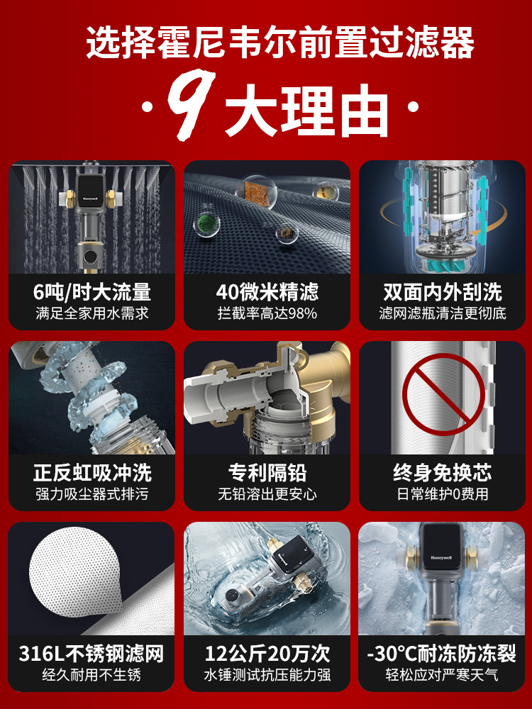 霍尼韦尔前置过滤器家用全屋自来水反冲洗净水器中央净水机20T12
