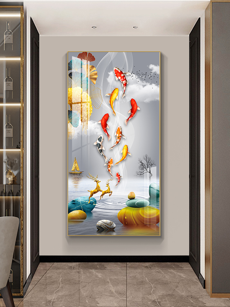 现代简约入户玄关装饰画正对门走廊过道客厅挂画九鱼图寓意好壁画