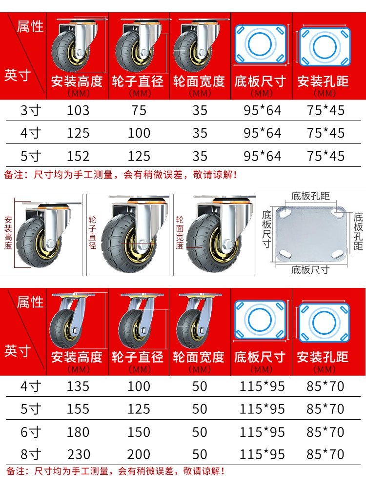 3寸万向轮小轮子6重型车轮滑轮8推车板车拖车5带刹车橡胶静音脚轮