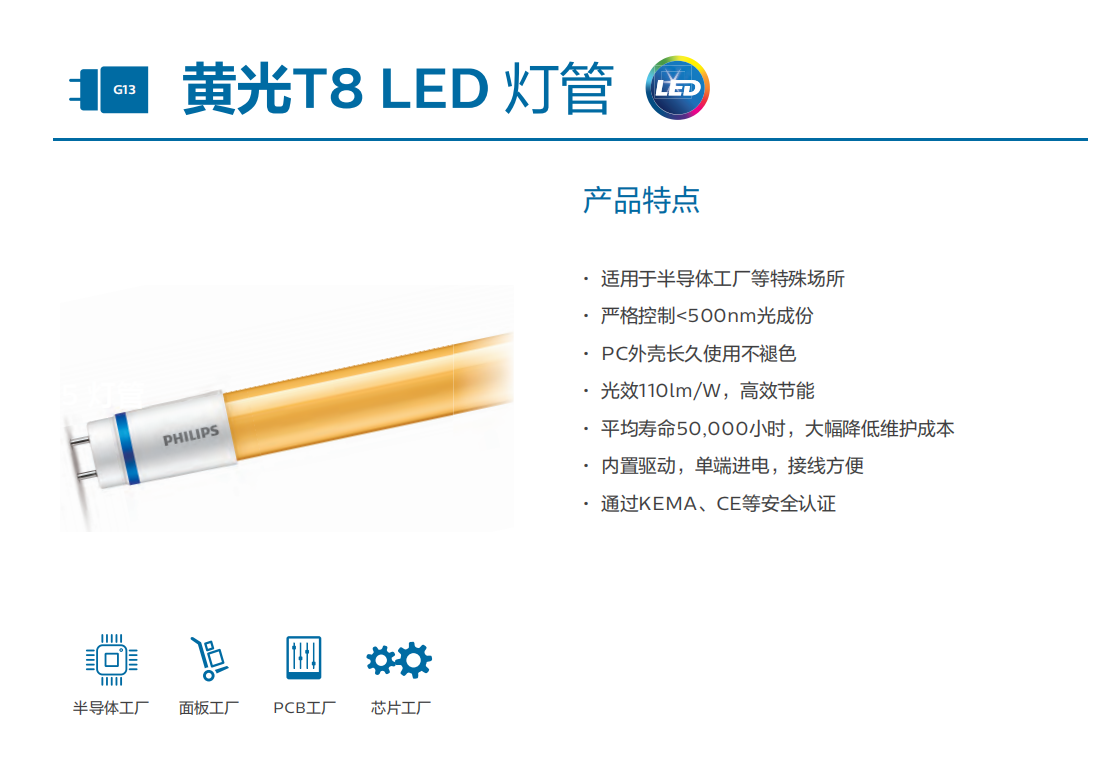 Philips LED yellow fluorescent tube 20W candlelight semiconductor dust-free workshop UV proof lamp T8 1.2m