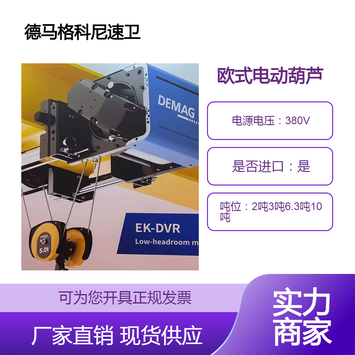 德马格 速卫 科尼 斯泰尔纽科伦电动葫芦欧式钢丝绳环链1吨2吨6.3吨