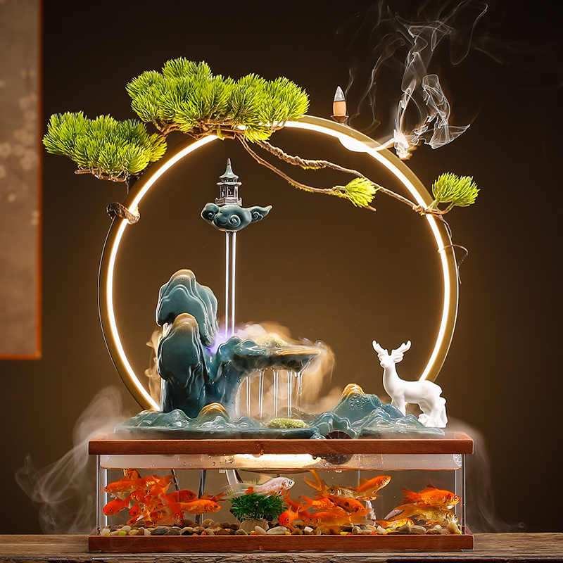 流水招财创意鱼缸发光加湿器陶瓷摆件风水车家居客厅玄关桌面软装