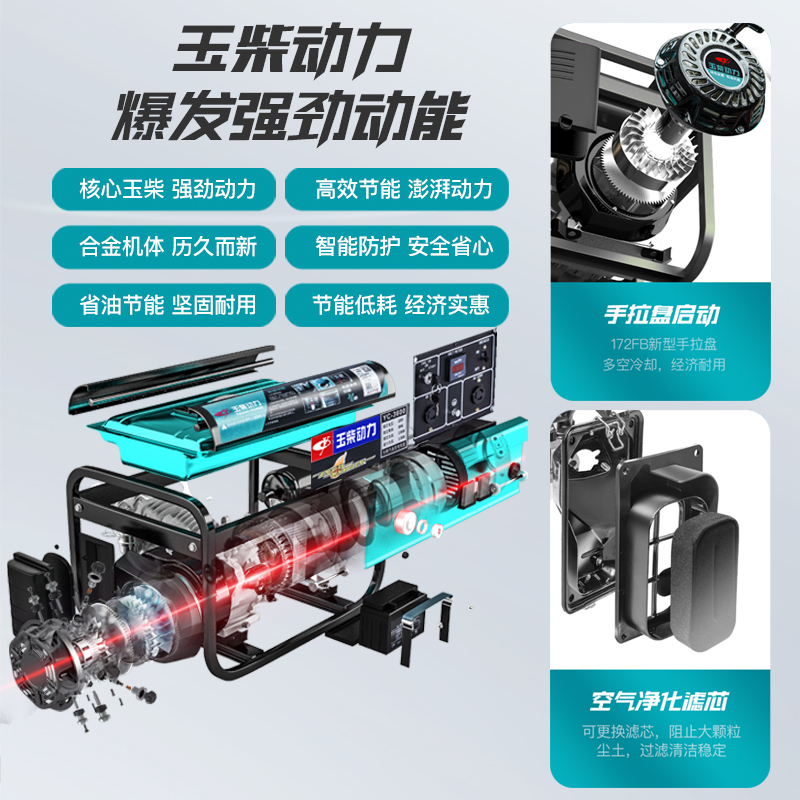 玉柴动力3/5/6/8/10kw千瓦小型家用汽油发电机单相220V380双电压