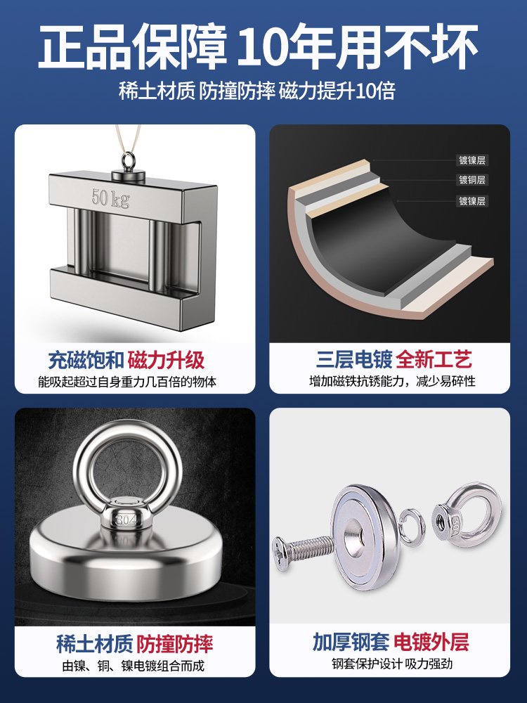 强力磁铁圆型高强磁力打捞神器钕铁硼强磁铁吸铁石吊环大小号吸盘