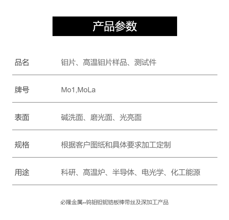 Pure molybdenum sheet, high-temperature molybdenum alloy sheet, zero cut and corner sample pieces, test pieces