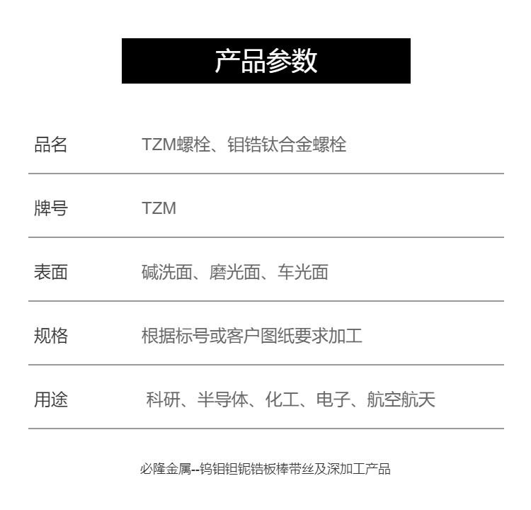 Molybdenum zirconium titanium alloy fastening bolts, TZM high-strength high-temperature and corrosion-resistant bolts