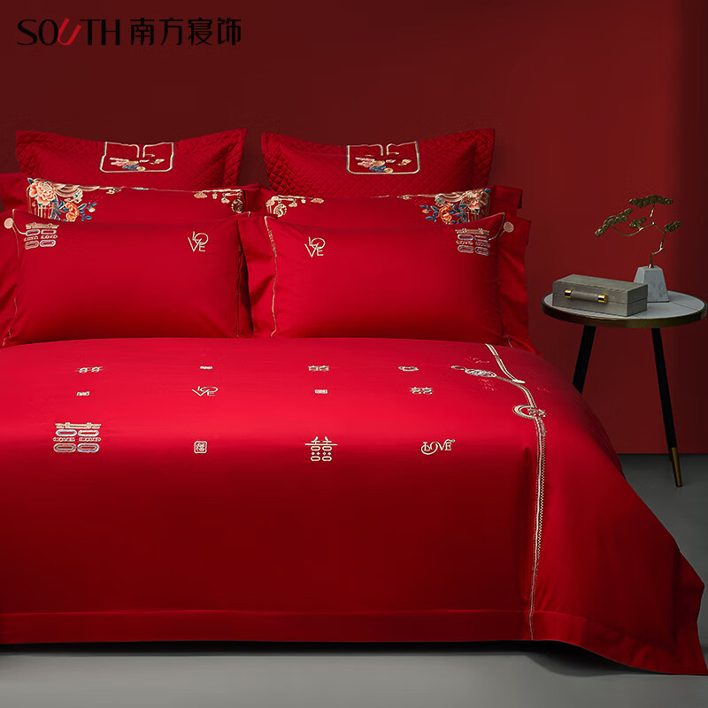 杭州 南方寝饰 总代理商 15067106445 大红婚庆四件套床上用品结婚提花