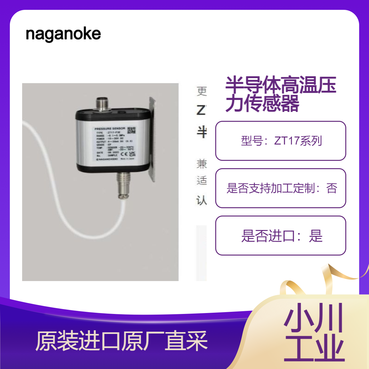 naganokeiki半导体行业高温压力传感器ZT17系列 兼容高达200℃测量
