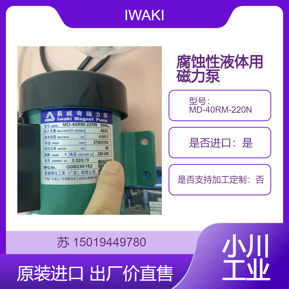 日本IWAKI易威奇 磁力泵 MD-40RM-220N 用于腐蚀性溶液使用