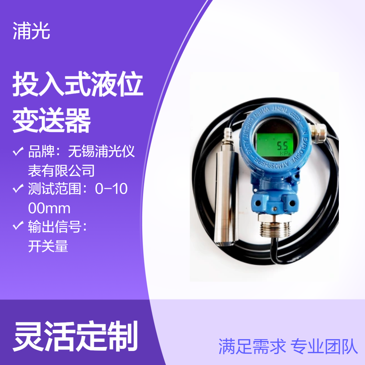 浦光 投入式液位传感器探头 4-20mA输出 静压水位计控制消防水位箱