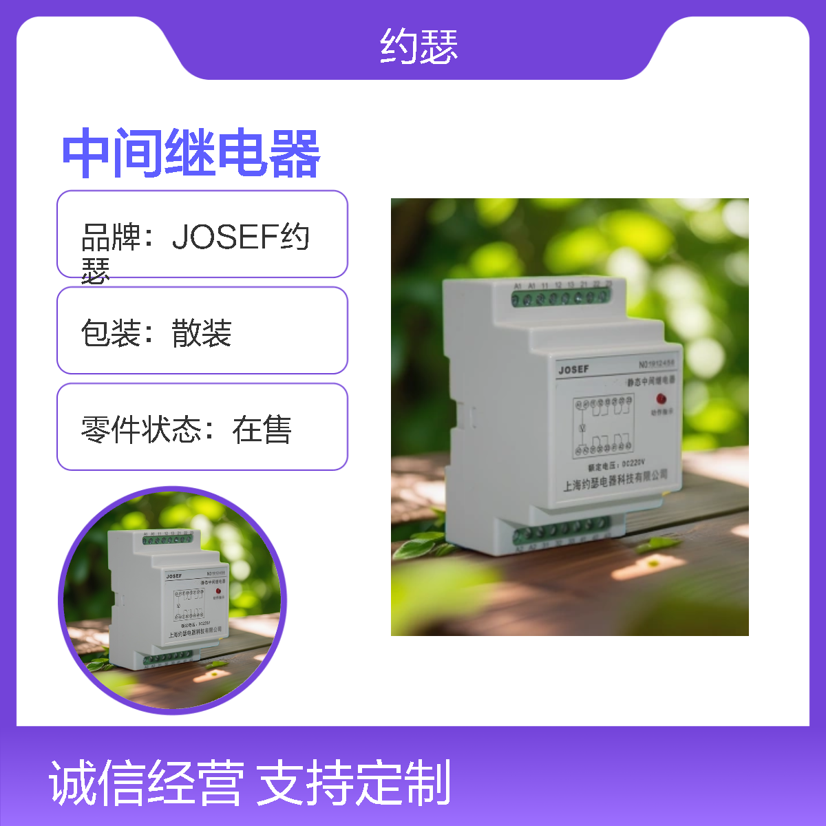 JOSEF约瑟 SRS-230VAC-2Z-10A中间继电器 板后安装