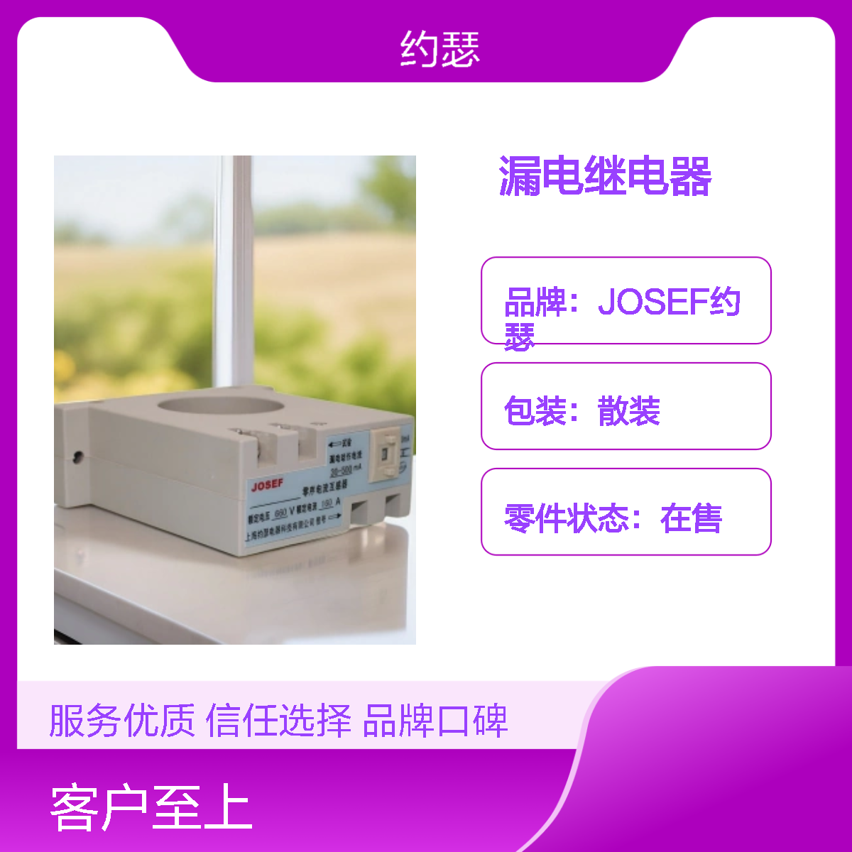 JOSEF约瑟 JELR-100HS漏电继电器 配套零序互感器：45mm孔径