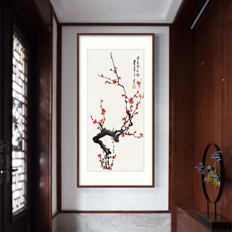 BH0D新中式玄关装饰画现代客厅走廊过道竖版壁画挂画墙画水墨梅花