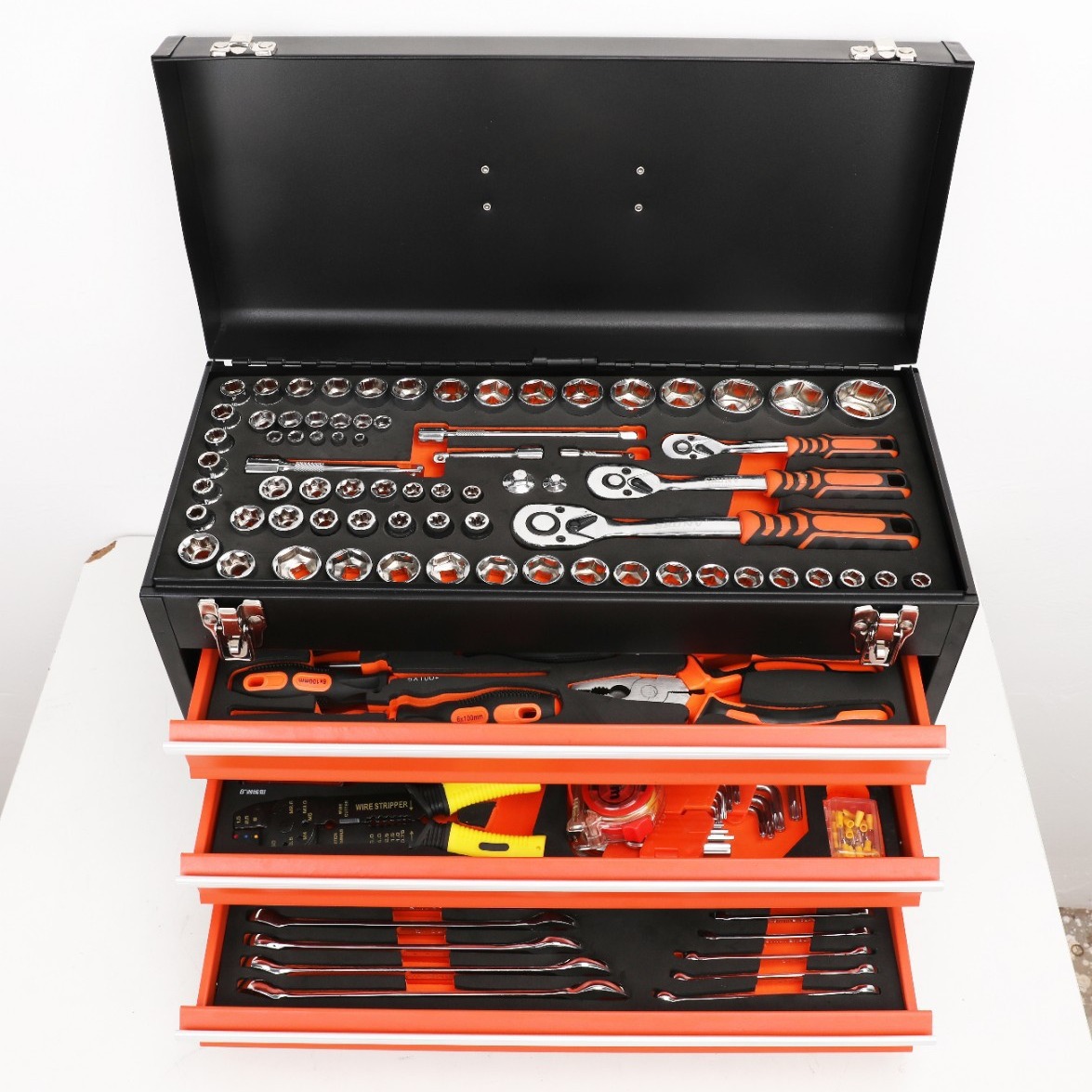 工厂源头直销外贸工具组套408件工具箱便携式三抽小型自锁工具箱