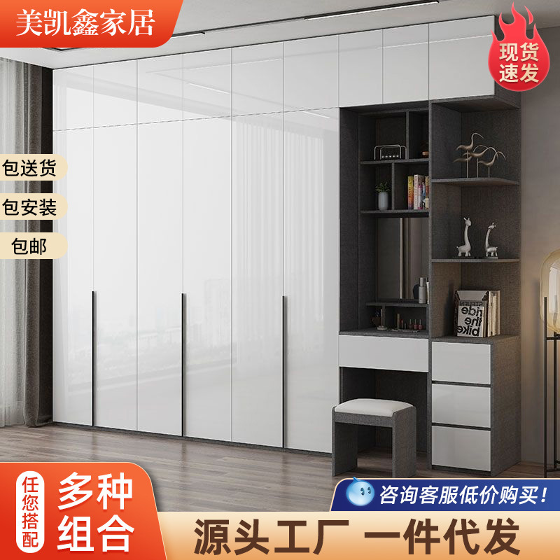 现代简易衣柜平开门储物衣柜带化妆台置物架边柜卧室衣柜入户安装